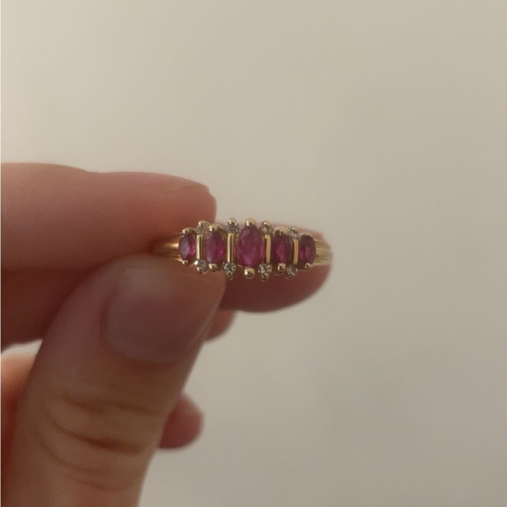14k Solid Gold Antique Diamond and Pink Gemstone Ring - Picture 3 of 6
